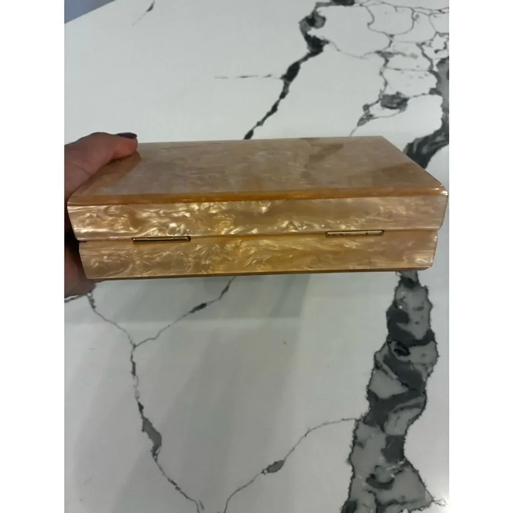 Lulu's Pearlescent Pink Acrylic Box Clutch with Gold Ring Handle